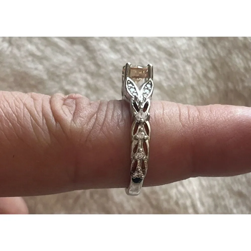 Orange Tint Round Cut Gemstone Silver Tone Ring - Sz 6 - Fashion Costume Jewelry - Picture 3 of 7